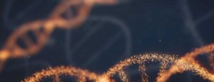 Artist's rendition of glowing DNA strands on a dark background